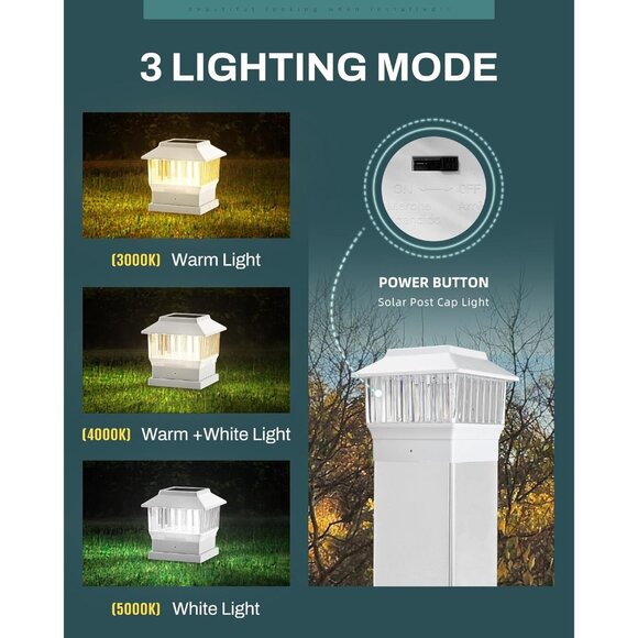 50 Lumen Solar Post Lights, 3 Modes Outdoor Deck Fence Post Cap Lights - 4x4 3.5 - Picture 2 of 6